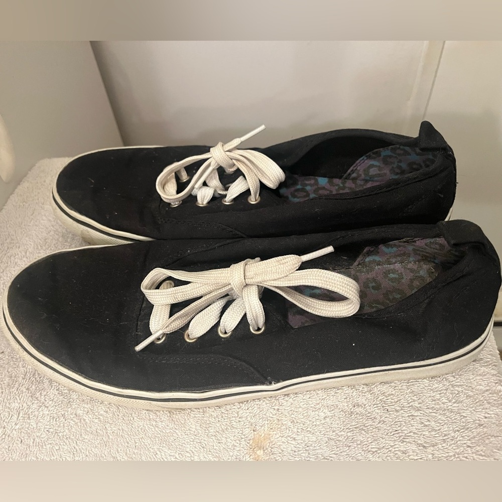 Women's Size 11 Black Canvas Sneakers with White Laces